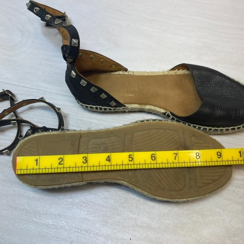 Maypol Womens 38 Espadrille Sandals Studded Ankle Strap Black Leather Flat Spain